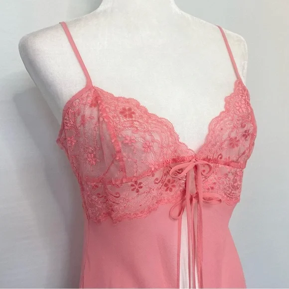 Y2K Victoria’s Secret Silk Pink Lace Chiffon Vintage VDay Babydoll Slip Dress M